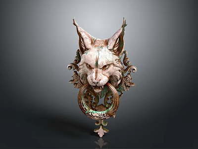 Decorative Fox Head Design Door Handle With Intricate Scrollwork And Antique Metal Finish 3d model