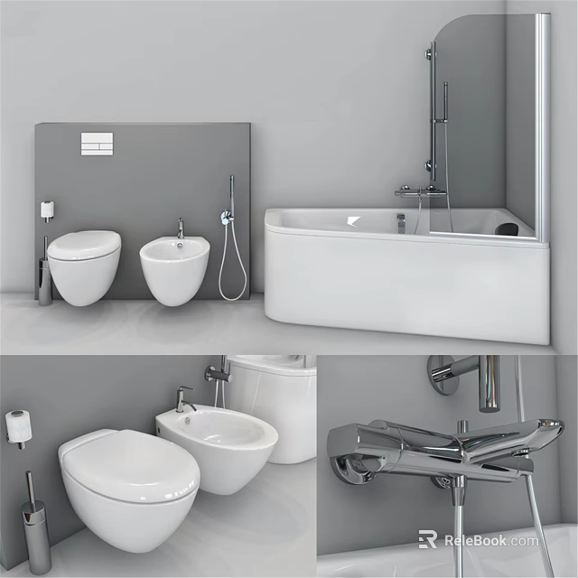 Modern Bathroom Interior With White Bathtub Toilet Bidet Gray Walls And Chrome Faucet 3d model 