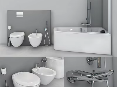 Modern Bathroom Interior With White Bathtub Toilet Bidet Gray Walls And Chrome Faucet 3d model