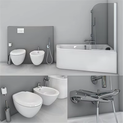 Modern Bathroom Interior With White Bathtub Toilet Bidet Gray Walls And Chrome Faucet 3d model