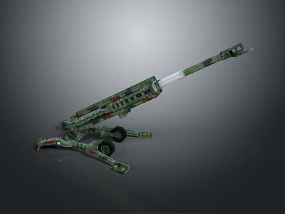 Camouflage Military Weapon With Tripod Stand Long Barrel And Mechanical Structure 3d model