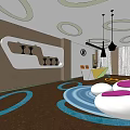 Modern Front Desk Reception Area with Circular Ceiling Decor Floor Patterns and Chandelier Lighting 3d model