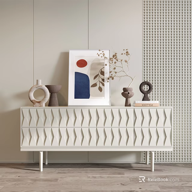 White TV Stand With Wavy Texture And Decorative Sculptures Artwork Dried Flowers In Minimalist Background 3d model 