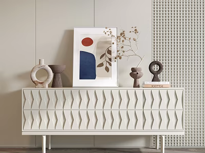White TV Stand With Wavy Texture And Decorative Sculptures Artwork Dried Flowers In Minimalist Background 3d model