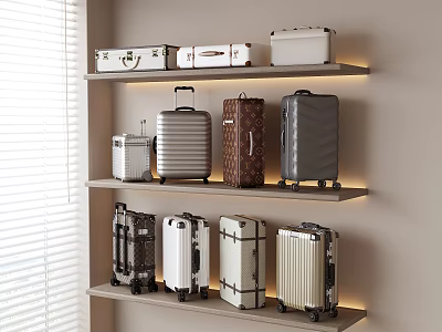 Various Style Suitcases on Wall Mounted Shelves with Different Colors and Wheels in Bright Room 3d model
