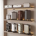 Various Style Suitcases on Wall Mounted Shelves with Different Colors and Wheels in Bright Room