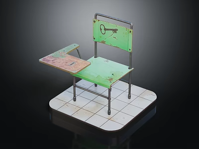 Vintage Green Chair with Small Attached Desk Key Design on Backrest and White Tiled Base 3d model