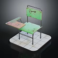 Vintage Green Chair with Small Attached Desk Key Design on Backrest and White Tiled Base