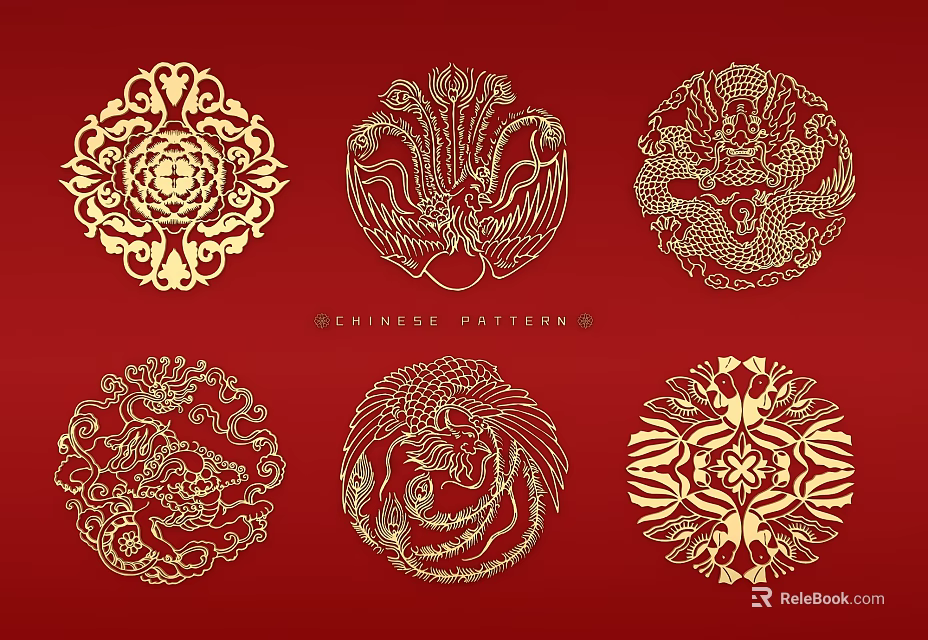 Chinese Traditional Golden Circular Wall Decor With Dragon Phoenix Patterns On Red Background 3d model 