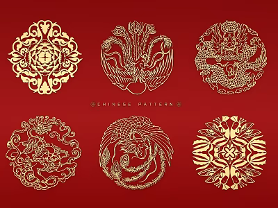 Chinese Traditional Golden Circular Wall Decor With Dragon Phoenix Patterns On Red Background 3d model