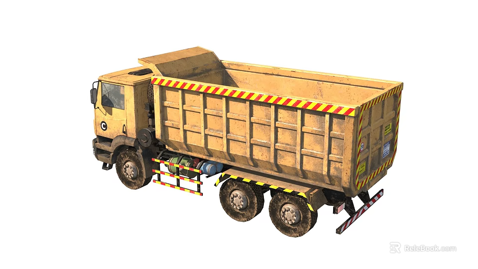 Yellow Dump Truck With Tipper Body Red Yellow Stripes And Large Wheels 3d model 
