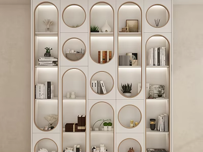 Modern Bookcase With Circular And Arched Compartments Holding Books Decorations And Green Plants 3d model
