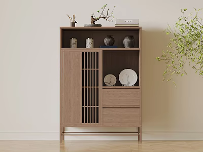 Minimalist Wooden Cabinet Displaying Tea Set with Decorative Branches and Natural Elements 3d model