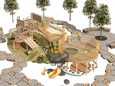 Outdoor Children's Play Area With Wooden Structures Slide Climbing Features Circular Platforms And Trees 3d model