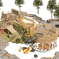 Outdoor Children's Play Area With Wooden Structures Slide Climbing Features Circular Platforms And Trees