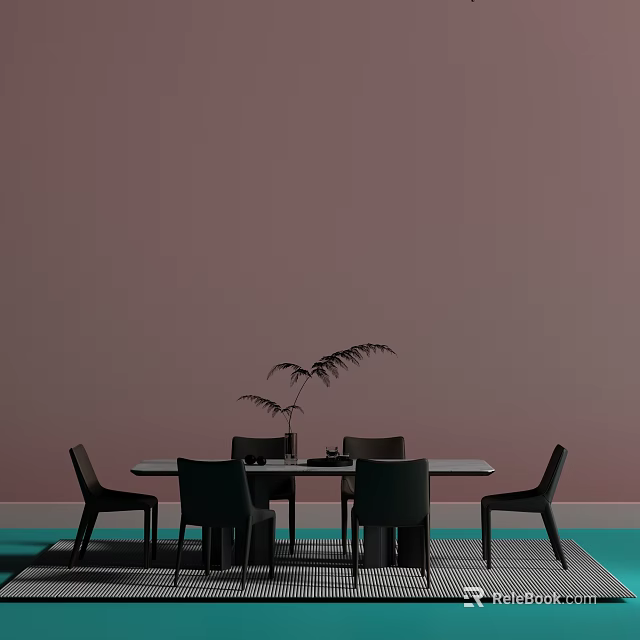 Light Colored Table and Dark Chairs Set with Teal Floor and Pink Wall 3d model 