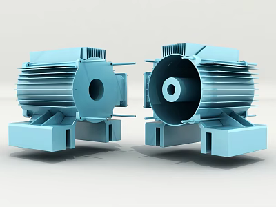 Blue Industrial Equipment Motor Housing Components With Cooling Fins And Base 3d model