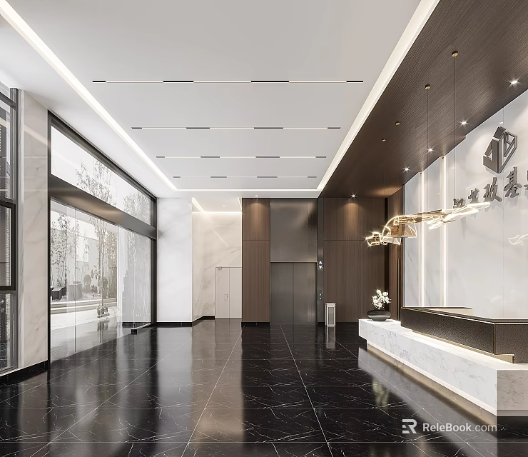 Elegant Modern Reception Area With Marble Front Desk Chandelier Lighting And Black Marble Flooring 3d model 
