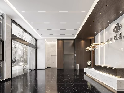 Elegant Modern Reception Area With Marble Front Desk Chandelier Lighting And Black Marble Flooring 3d model