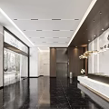 Elegant Modern Reception Area With Marble Front Desk Chandelier Lighting And Black Marble Flooring
