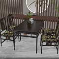 Traditional Chinese Dark Wood Table With Chairs Set Patterned Cushions And Wooden Slat Decor