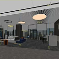 Modern Office Reception Area With Front Desk Sofa Seating Potted Plants And Large Windows