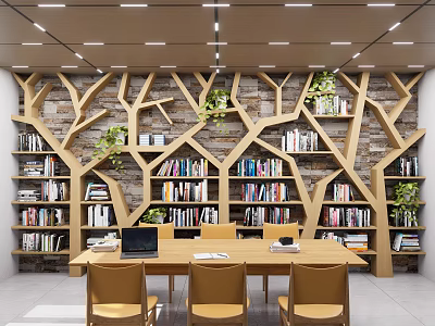 Tree Shaped Wooden Bookshelf Filled With Books And Green Plants In Modern Reading Space 3d model