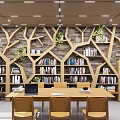 Tree Shaped Wooden Bookshelf Filled With Books And Green Plants In Modern Reading Space
