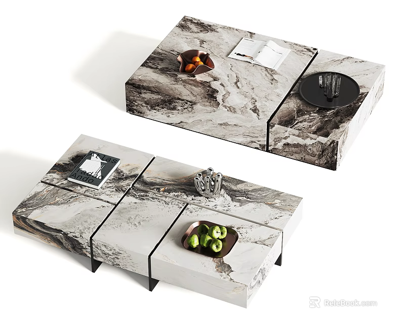 Modern Segmented Marble Coffee Table With Decorative Tray Green Fruit And Book 3d model 