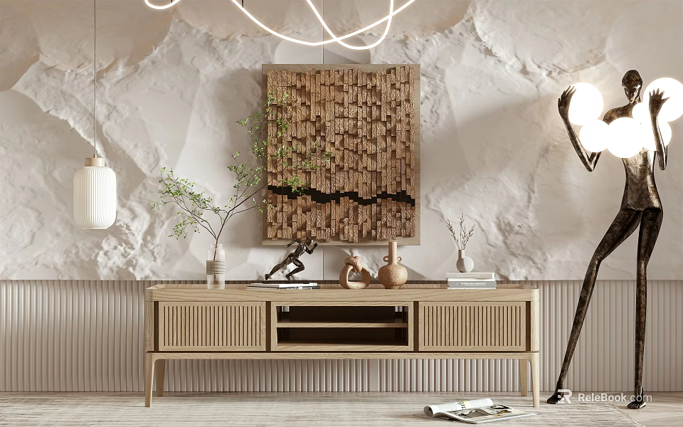 Modern Wooden TV Stand With Marble Wall Decorative Painting Green Plants And Lighting Fixtures 3d model 
