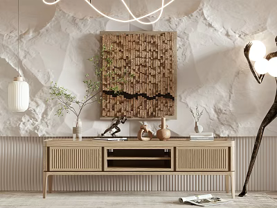 Modern Wooden TV Stand With Marble Wall Decorative Painting Green Plants And Lighting Fixtures 3d model