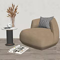 Beige Single Sofa With Plaid Pillow Small Round Table Vase Dried Flowers Newspaper Wooden Floor