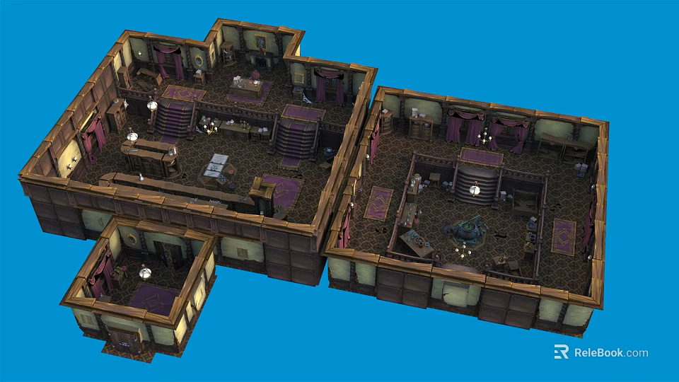 Cartoon Scenery Featuring Multi level Rooms Wooden Structures Bookshelves Tables And Furniture 3d model 