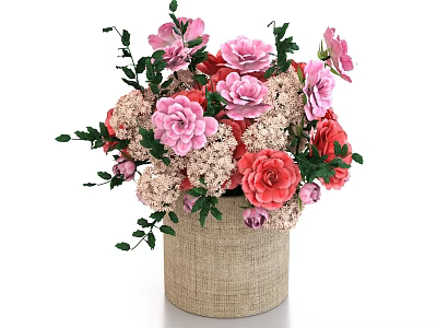 Beautiful Woven Vase With Pink Red Roses White Flowers And Green Leaves 3d model