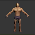Bald Head Muscular Game And Movie Character In Purple Shorts Standing Pose With Grey Background