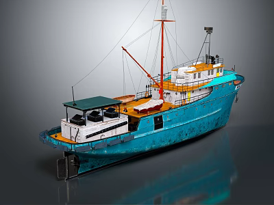 Vintage Blue Fishing Boat Model With Wooden Deck And Mast 3d model
