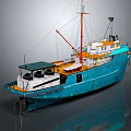 Vintage Blue Fishing Boat Model With Wooden Deck And Mast