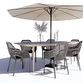 Modern Outdoor Dining Table With Woven Chairs Large Umbrella And Decorative Plants For Garden