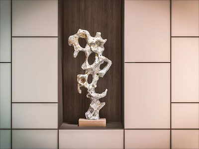 Silver Abstract Decorative Ornament with Wooden Base for Wall Niche 3d model