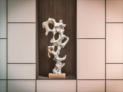 Silver Abstract Decorative Ornament with Wooden Base for Wall Niche 3d model