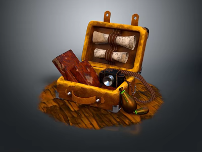 Vintage Open Suitcase Interior With Scrolls Camera And Leather Items 3d model