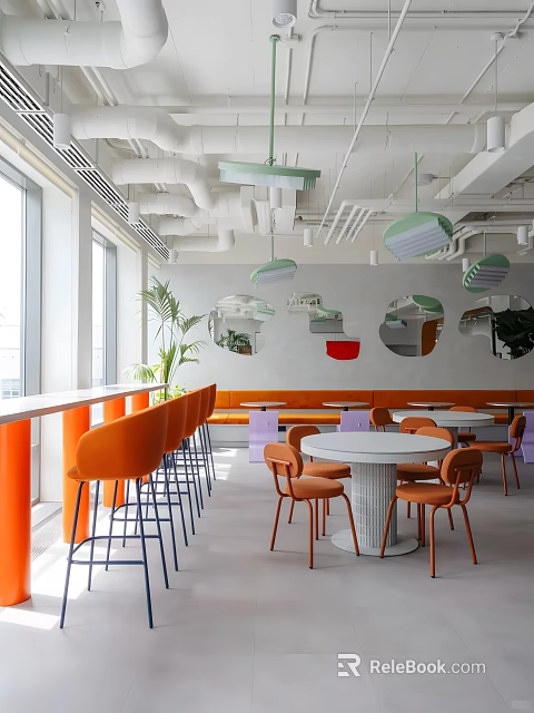 Modern Restaurant Interior With Orange Chairs White Tables Round Mirrors And Green Pendant Lights 3d model 