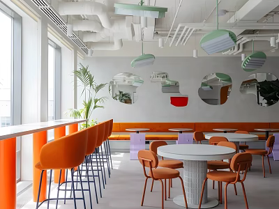 Modern Restaurant Interior With Orange Chairs White Tables Round Mirrors And Green Pendant Lights 3d model