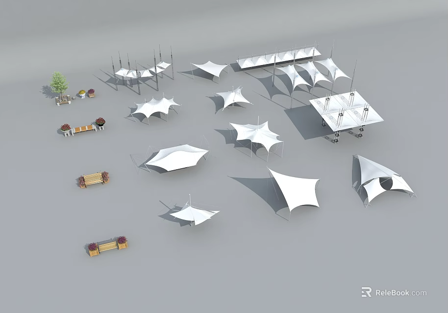 Tensile Membrane Structures In Various Shapes For Outdoor Spaces With Benches And Greenery 3d model 