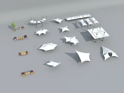 Tensile Membrane Structures In Various Shapes For Outdoor Spaces With Benches And Greenery 3d model
