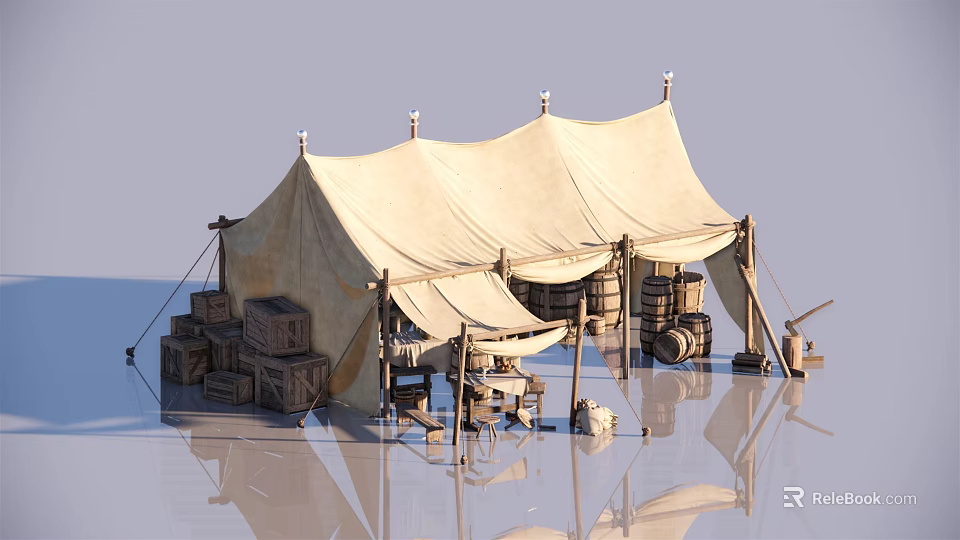 Outdoor Traditional Canvas Tents Setup With Wooden Crates Barrels And Equipment 3d model 