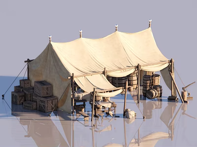 Outdoor Traditional Canvas Tents Setup With Wooden Crates Barrels And Equipment 3d model