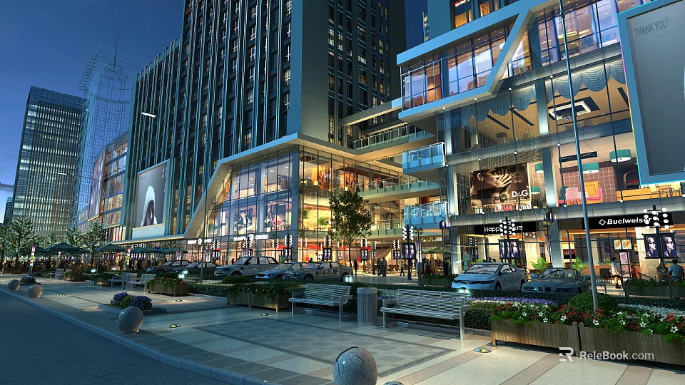 Modern Commercial Street With Tall Glass Buildings Shops Pedestrians Cars And Night Lights 3d model 