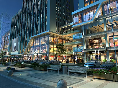 Modern Commercial Street With Tall Glass Buildings Shops Pedestrians Cars And Night Lights 3d model