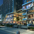 Modern Commercial Street With Tall Glass Buildings Shops Pedestrians Cars And Night Lights